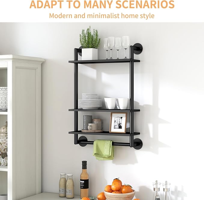 Bathroom Shelves Wall Mounted, 3 Tier Bathroom Shelf with Towel Bar, 26in Stainless Steel Floating Pipe Racks Over Toilet, Wall Shelves for Bathroom Laundry Room Kitchen Storage