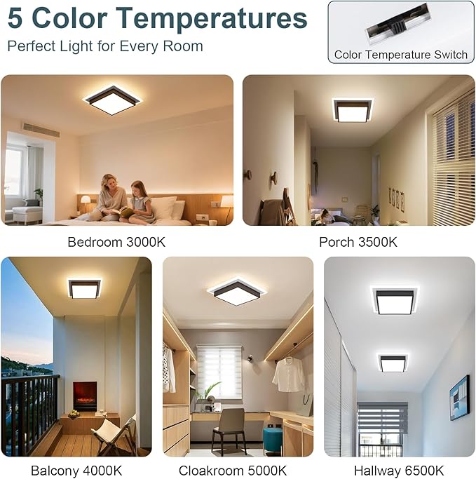 Modern LED Ceiling Light, 13 Inches Square Ceiling Light, 5CCT Flush Mount Ceiling Light, Hallway Ceiling Lighting Fixtures for Living Room Bedroom Bathroom Kitchen