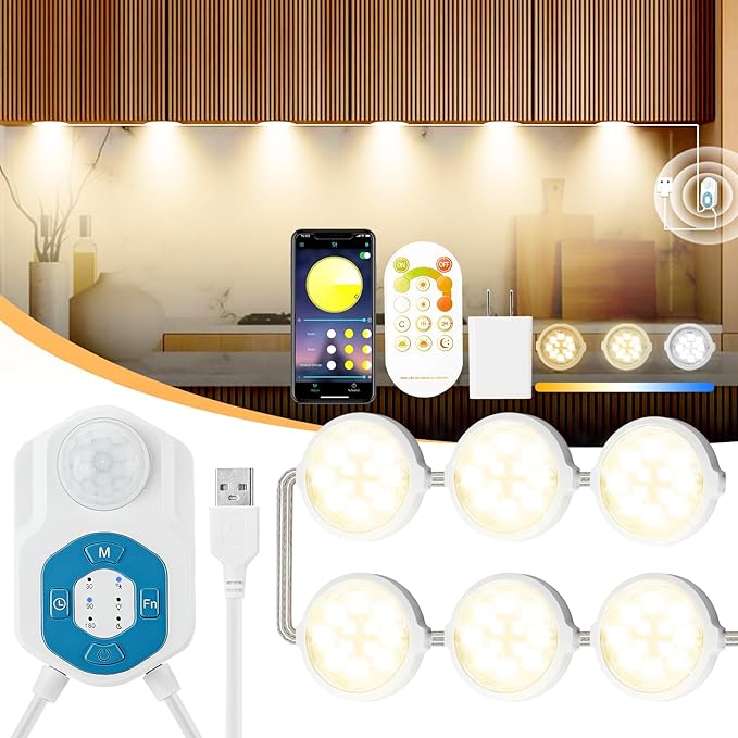 Under Cabinet Lights 12Ft,Motion Sensor LED Under Counter 6 Puck Lights with APP&Remote&Sensor/3 Work Modes/3 Colors/Timers/Motion Activated Allowed/Dimmable/Night Light for Cabinet,Home,Closet,Garage