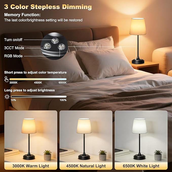 Cordless Table Lamp Rechargeable,5000mAh Battery Operated Desk Lamp,3 Colors & 7 RGB Stepless Dimmable,Touch Control Ambient Light for Bedside,Bedroom,Dining Room,Living Room,Black,WhiteShade