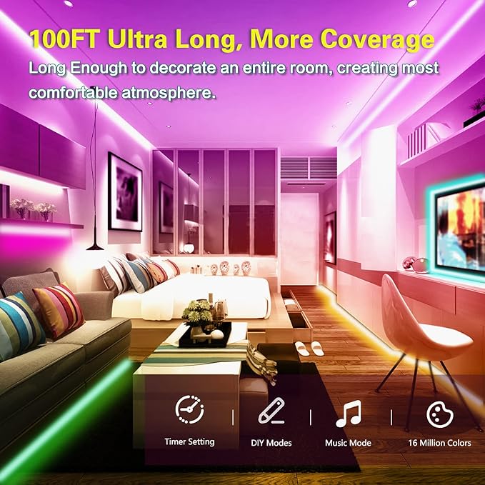 KEXU LED Lights for Bedroom 100 ft Voice Control Smart WiFi LED Lights Compatible with Alexa Google Home Music Sync Color Changing LED Strip Lights for Room Décor…