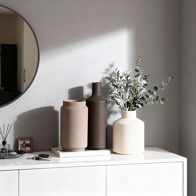 Modern 3 Piece Ceramic Vase Set - Minimalist Home Decor Vases for Living Room, Bedroom, or Entryway - Modern Neutral Table Decor for Flowers or Greenery, Shelf and Mantel Accent