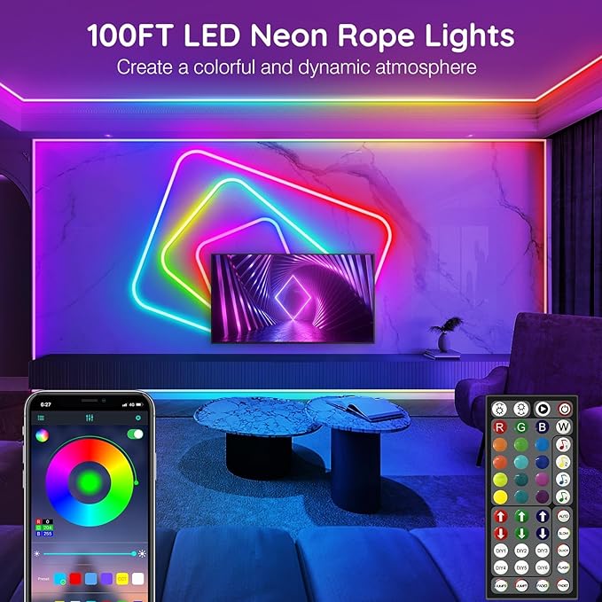 AILBTON 20Ft Neon Rope Lights,Flexible Led Rope Lights Control with App/Remote,Multiple Modes Music Sync Gaming RGB Led Neon Lights for Bedroom Outdoor (100FT)