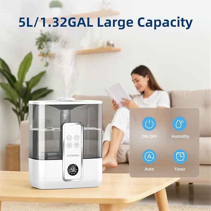 FLYMOON Humidifiers for Bedroom, 1.32 Gallon Top Fill Cool Mist Humidifiers for Large Room, 50H Runtime, 28 dB,12H Timer, App Control, Ultrasonic Humidifier for Plants, Baby, Indoor, Home, White
