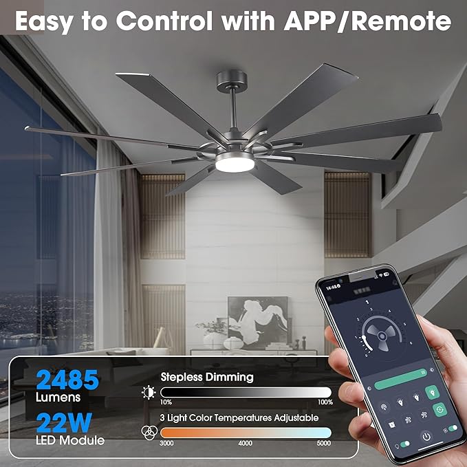 Ceiling Fans with Lights and Remote/ APP, 72 Inch Farmhouse Chandelier Ceiling Fan for Bedroom Living Room, Black Industrial Lighting Ceiling Fans Outdoor Indoor, 6-Speed DC Motor Reversible 8 Blades
