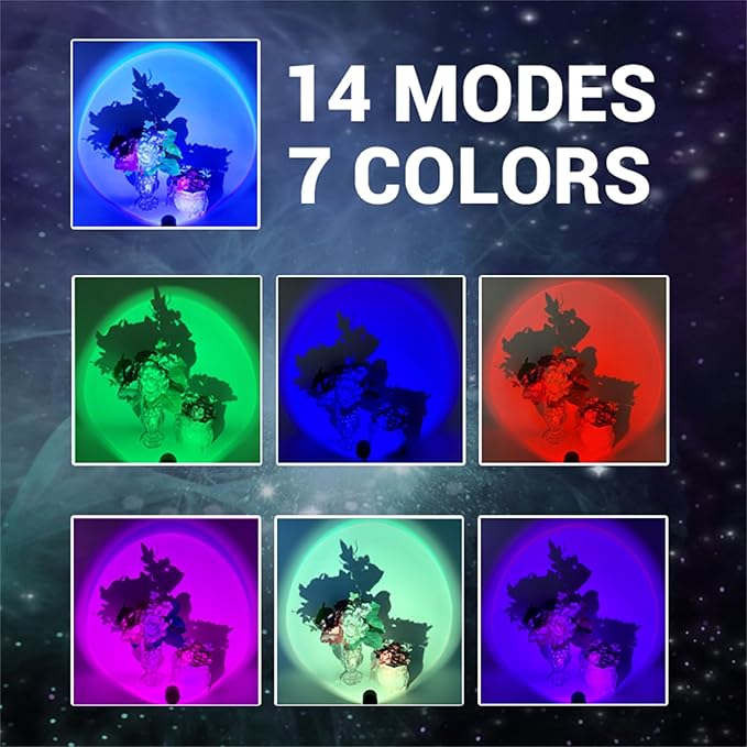 YOWOCAL Sunset Projection Lamp - 7 Colors & 13 Modes, USB-Powered Mood Light for Bedroom, Party, Relaxation | Plug & Play Sunset Light, Wall & Ceiling Projector, Romantic Decor Gift