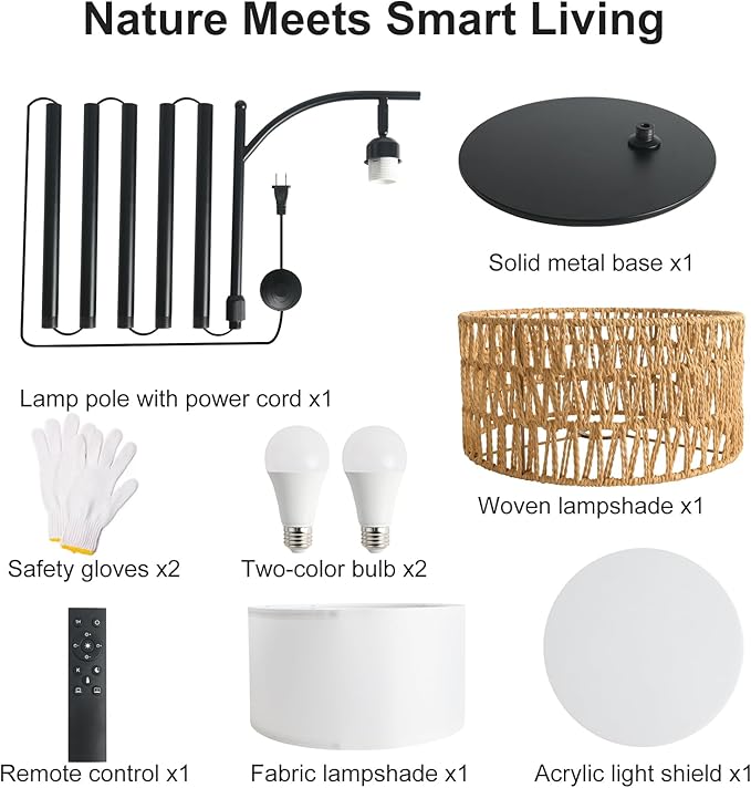 Rustic Black Farmhouse Floor Lamp with Woven Rattan Shade - 12W LED, Remote & Dimmable 3-Color Temp, Tall Standing Lamp for Living Room
