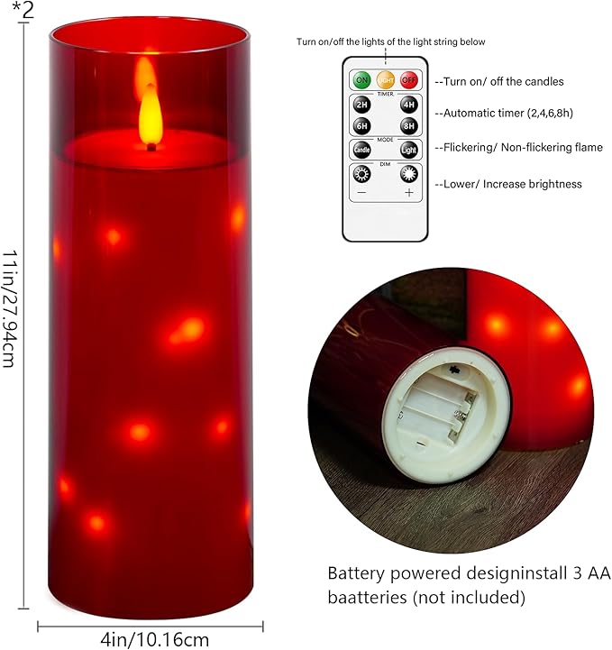 11" x 4" Large Outdoor Waterproof Flameless LED Candles with Remote and Timer,Acrylic Pillar Candles Battery Operated with Embedded Star String for Porch,Patio,Outdoor Decor,Set of 2(Red)