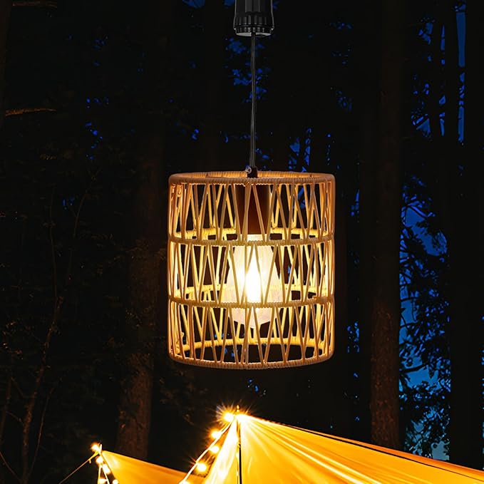 Livinlarge Battery Operated Chandelier,Hanging Rattan Pendant Lights with Timer,Gazebo Lights with Warm White Bulb,4*AA Battery Powered,for Pergola Porch Patio Outdoor Indoor Backyard Decor