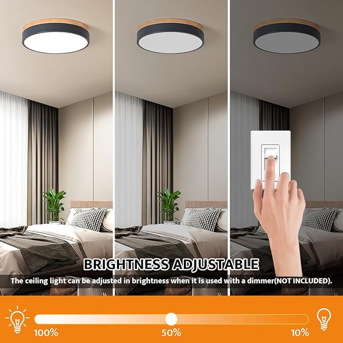Dimmable Wood LED Flush Mount Ceiling Light, 5CCT 2700K-6000K Modern Round Close to Ceiling Lighting Fixtures, Minimalist Grey Ceiling Lamp for Bedroom, Kitchen, Laundry Room, Hallway, 11.7 in