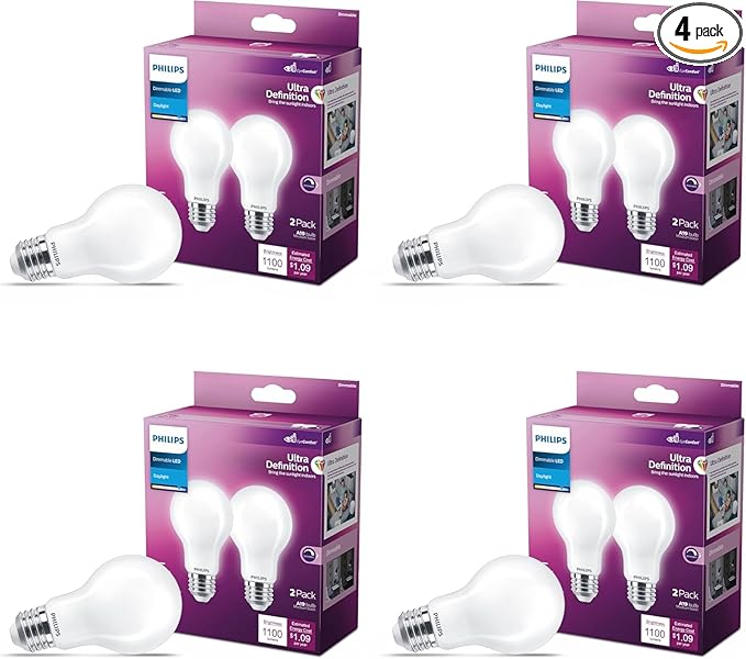 Philips LED 75W A19 4-Pack Ultra Definition Daylight (5000K) 1100 Lumen (9W = 75W) Dimmable Frosted Flicker-Free Light Bulbs