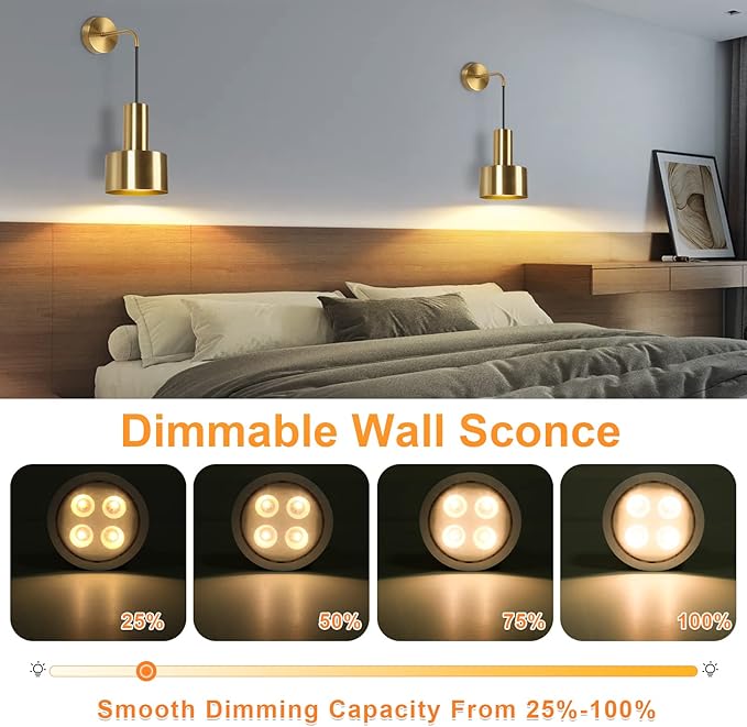 Gold Battery Operated Wall Sconce, Wireless Wall Lights Set of 2, Dimmable Wall lamp with Remote Control, 3000K-6000K Adjustable Modern Luxury LED Light Fixtures for Kitchen Bedroom Living Room Stairs