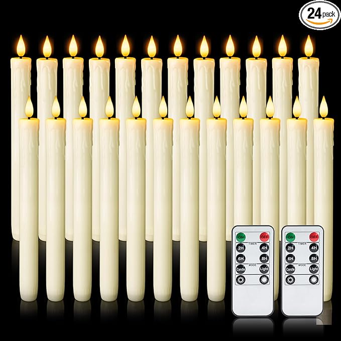 Homemory 24 Pcs Real Wax Flameless Taper Candles with Remote Timer and Dimmer, Battery Operated Candlesticks with Flickering Light, Ivory Window Candles, 9.6 Inches for Wedding Home Decor