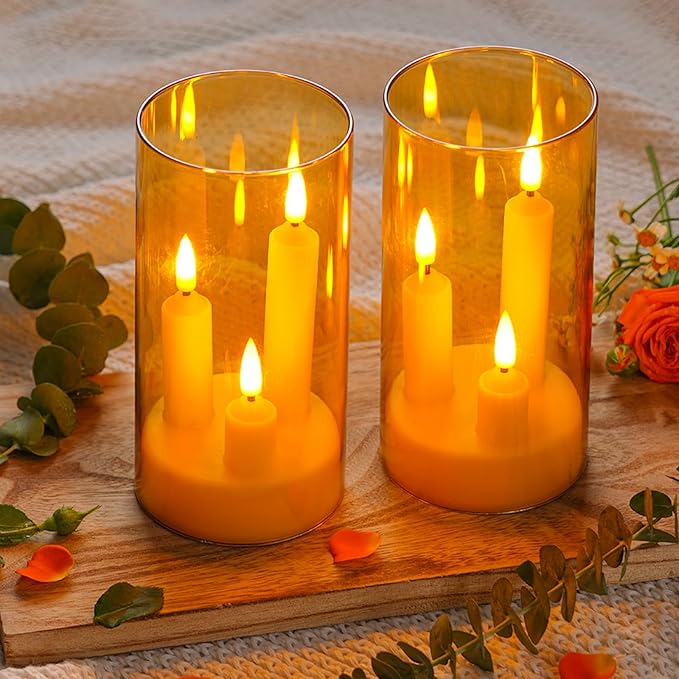 Da by LED Flameless Candles, Gold, Battery Operated with Remote and Timer, 3 Wicks Flameless Candles-2 Pack