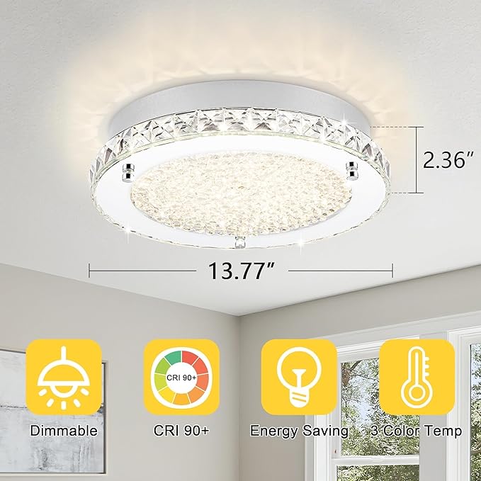 Flush Mount Ceiling Light LED Crystal Ceiling Light Fixture Modern 13 Inch Kitchen Lighting Fixtures Ceiling for Bedroom, Hallway, Porch, Dimmable and 3 Color Change