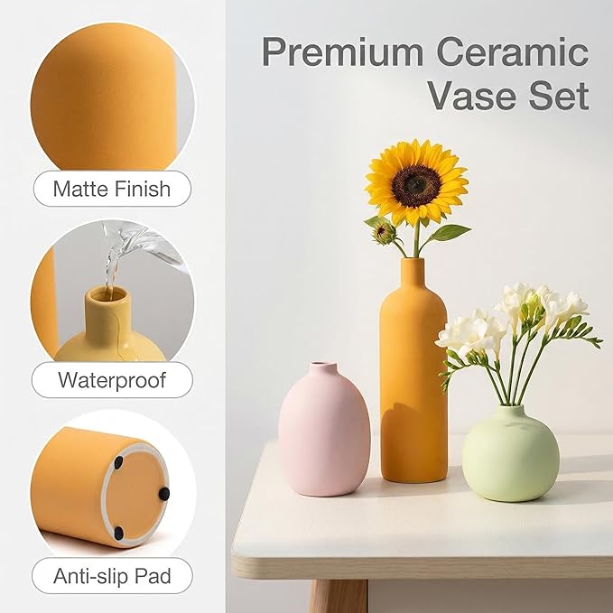 Macaron Ceramic Vase Set of 4, Modern Colors Home Decor, Rustic Farmhouse Decorative Flowers Vases for Bouquet, Pampas | Table Mantel Centerpiece Bookshelf Living Room Bedroom (Rustic Mix Set of 4)