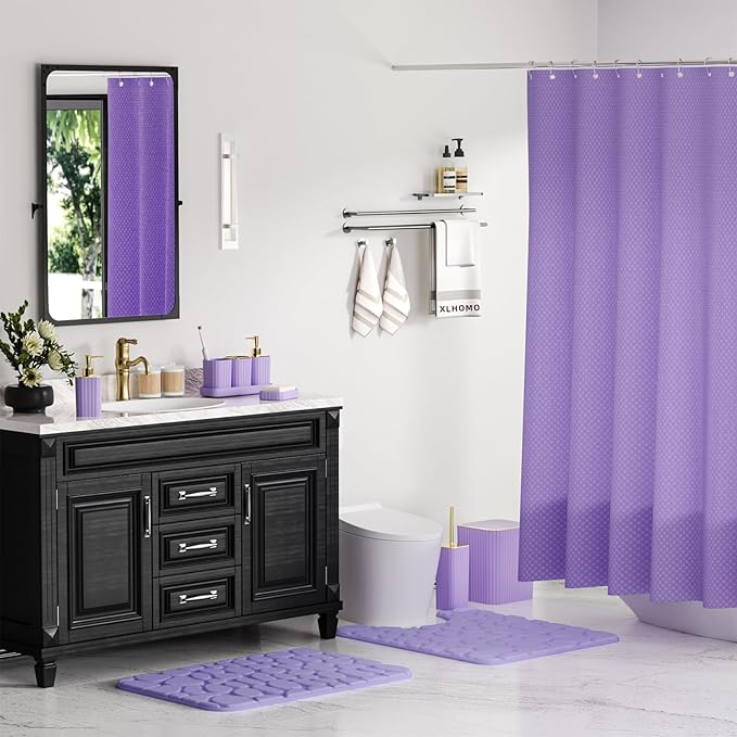 XLHOMO Bathroom Accessories Set - 25PC Bathroom Sets with Shower Curtain and Rugs, Purple Bathroom Set with Trash Can, Soap Dispenser, Soap Dish & Toilet Brush