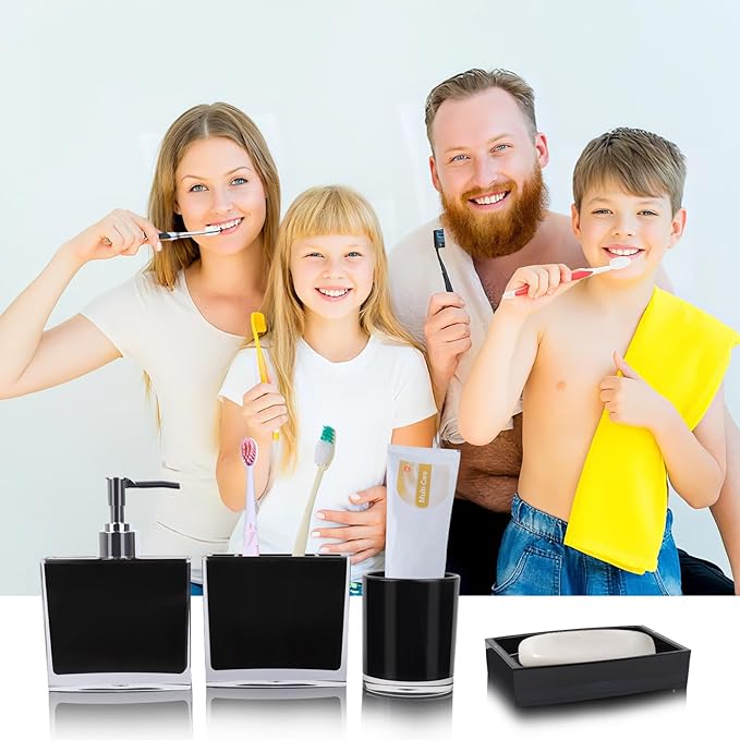 4-Piece Sleek Black Acrylic Bathroom Accessories Set — Soap Dispenser, Toothbrush Holder, Soap Dish & Mouthwash Cup, Vanity Countertop Organizer for Modern Black Bathroom Decor