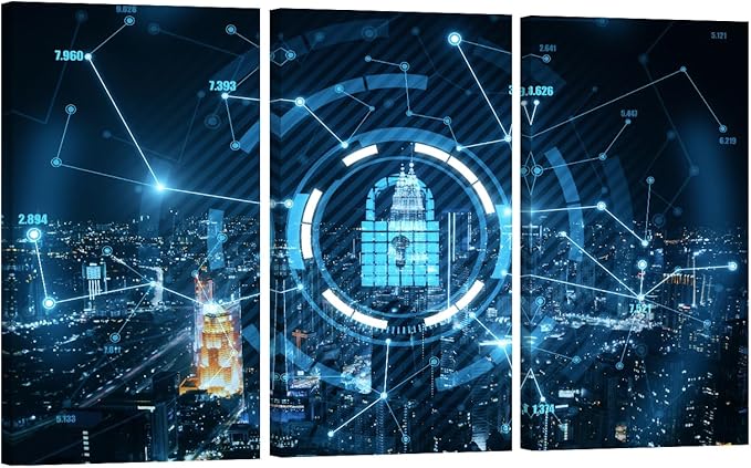 3 Panel Canvas Wall Art Blue Keylock Hologram with Dark Night City View Posters and Prints,Artwork for Home Office Wall Decoration, Framed Gallery-Wrapped Ready to Hang, 20x40inchx3
