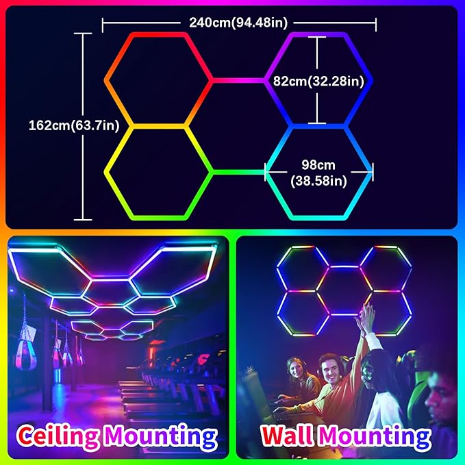 Super Bright RGB Hexagon Led Lights with App and Remote Control,16 Million Colors and Many Scene, Music Sync,for Living Rooms,Bedrooms, and Gaming Rooms,Party,Gym,Garage