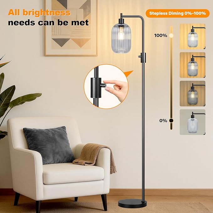 【Upgraded】 Dimmable Glass Floor Lamp for Living Room, Modern Black Standing Lamp with Green Ribbed Gray Lampshade & Knob Dimmer, Arc Tall Lamp for Bedroom Office Reading Room, 2700K Led Bulb Included