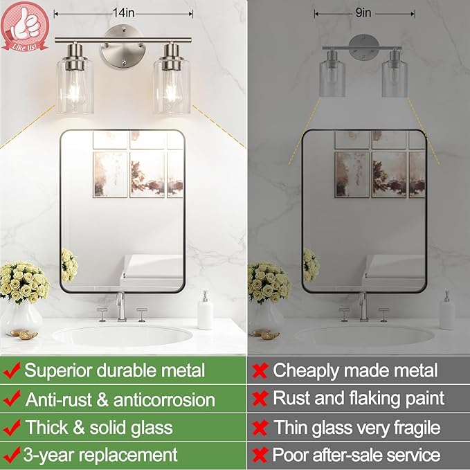 2-Light Bathroom Light Fixtures, Brushed Nickel Vanity Light, Modern Vanity Lights with Clear Glass Shade, Bathroom Wall Lamp for Mirror Kitchen Living Room Hallway Cabinet Porch