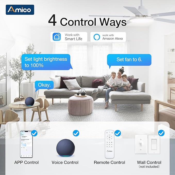 Amico Ceiling Fans with Lights, 52 inch Smart Ceiling Fan with Remote/APP/Alexa Control, Downrod Mount, Reversible DC Motor, 5 Blades, 6 Speeds, 3CCT, Dimmable, Noiseless, Bedroom, Living Room, White