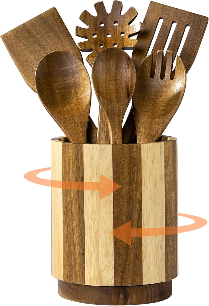 Wooden Utensil Holder, 360° Rotating Acacia Wood Kitchen Utensil Holder for Countertop, 7.2" Non-Slip Large Utensil Holder for Kitchen, Farmhouse Countertop Decor, Spatula Holders, Stripes