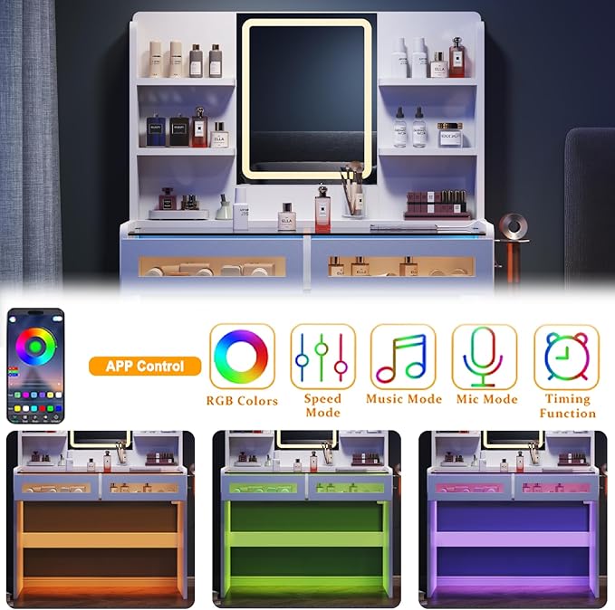Vanity Desk with LED Lights Mirror & Power Outlet, Transparent Top Vanity with 2 RGB Drawers, 3 Lighting Modes & Adjustable Brightness, Dressing Table for Women Girls Bedroom, White
