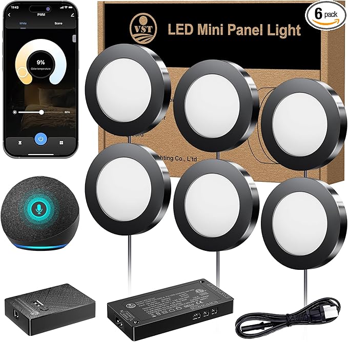 VST Smart Under Cabinet Lighting with Handwave and Alexa Google Assistant App Remote Control, Recessed or Surface Mount 12V 2W/pc Puck Light for Kitchen Display, 6 Pcs 3000K~6500K Black