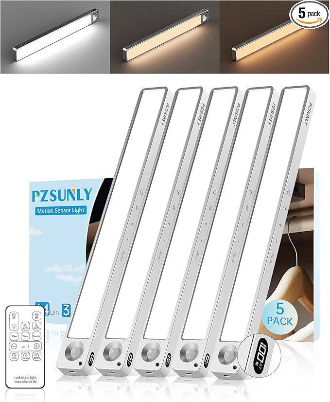 14.2inch Under Cabinet Lighting Wireless,Rechargeable Motion Sensor Light Indoor,3 Colors Dimmable,Magnetic Closet Lights with Remote,Under Counter Lights for Kitchen,Silver 5Pack