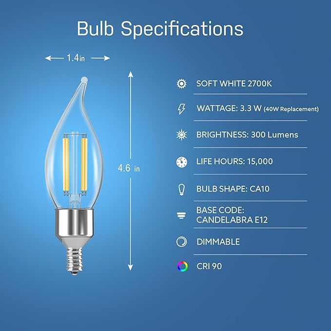 Feit Electric Vintage Flame Tip Smart WiFi LED Bulb, E12 Candelabra Base, 40W Eq. (3.3W), 2700K Soft White, Clear Filament, Dimmable, No Hub Required, 2.4GHz Only, CFC40/927CA/FIL/AG/4, 4 Pack