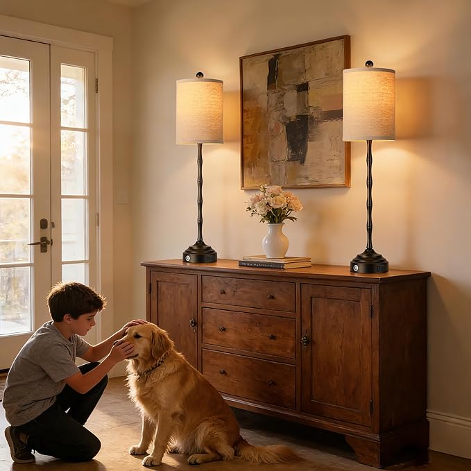 Qimh Buffet Lamps for Night Stands, 30.5" Tall Skinny Beside Lamps Set of 2 with Linen Shade and Stable Base, 2 LED Bulbs Morden Table Lamps for Living Room, Bedroom, Dinning Rooms, Entry, Home(Black)