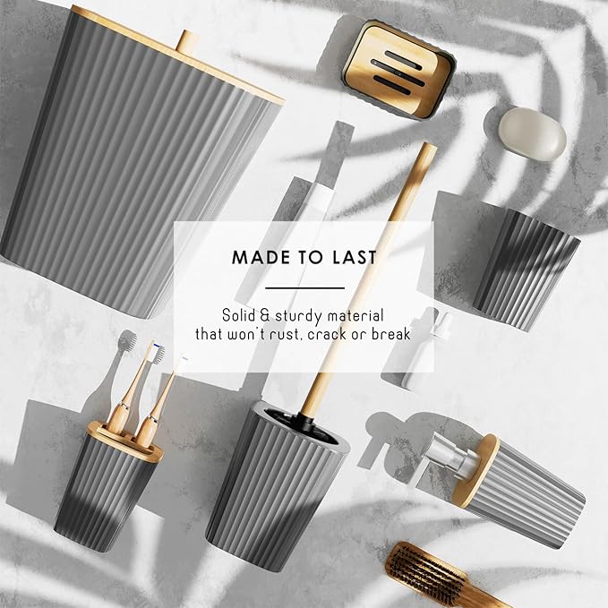 Clara Clark Bathroom Set - Grey Bathroom Accessories Set, 6PC Bathroom Accessory Set, Bathroom Sets with Bathroom Rugs, Toilet Brush, Trash Can & Soap Dispenser