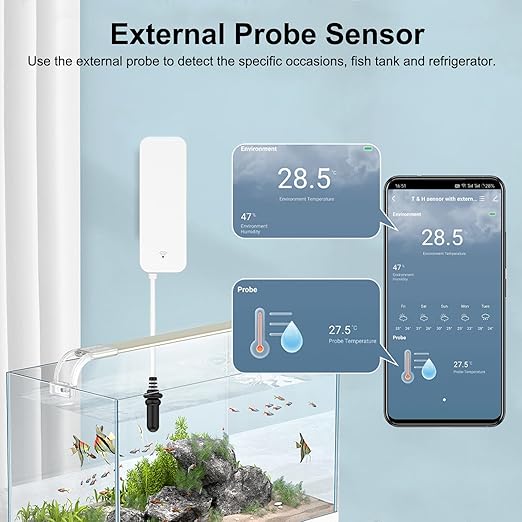 Smart Thermometer Hygrometer: WiFi Temperature Sensor with External Probe, Weather Function Thermometer Humidity Meter for Freezer, Aquarium, App Alert, Compatible with Alexa (Dual Detection 1PCS)
