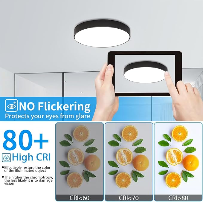 Ganeed 2-Pack Flush Mount LED Ceiling Light Fixture Black, 12 Inch Cool White Modern Ceiling Lamp 1440LM Low Profile Ceiling Light for Kitchen Bedroom Hallway Porch, 24W