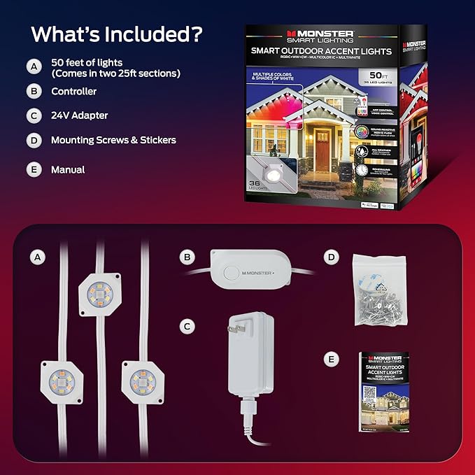 Monster Smart Permanent Outdoor Lights, 50ft, 36 LED Eaves Lights, RGB+IC+WW, Weather & Water Resistant, App & Voice Control, Compatible with Alexa and Google, for Halloween, Christmas & Year-Round