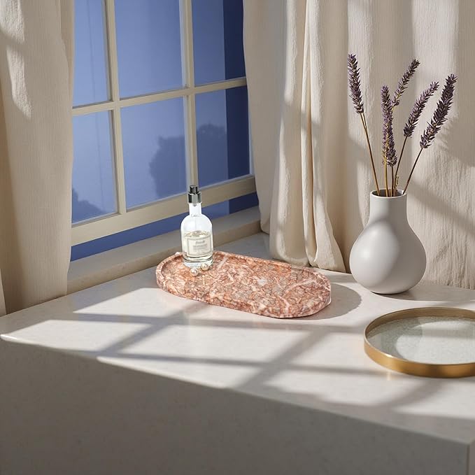 Marble Vanity Tray Organizer - 9.8"x5" Italy Natural Stone Decorative Tray，Jewelry, Perfume & Candle Display Tray，Bathroom Vanity, Dresser Top, Nightstand Decor