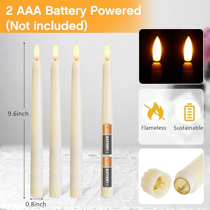 Baquler 50 Pcs Flameless Ivory Taper Candles Bulk Flickering LED Candles Taper Warm White Light LED Candlesticks for Christmas Wedding Home Decoration No Remote Control, 9.6 Inch