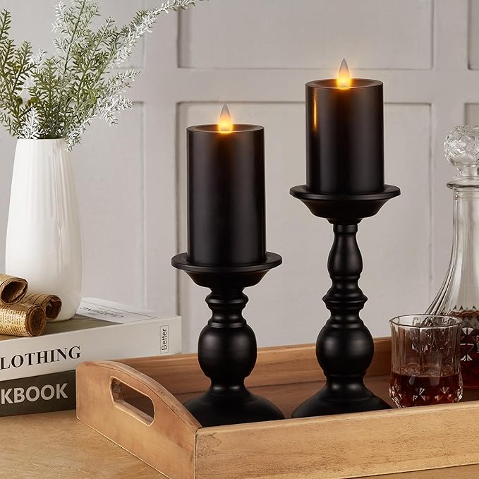 Flameless Pillar Candles Flickering with Remote Timer, Battery Operated LED Candles Up to 400 Hours, 3D Moving Flame Real Wax Candles. (Black)
