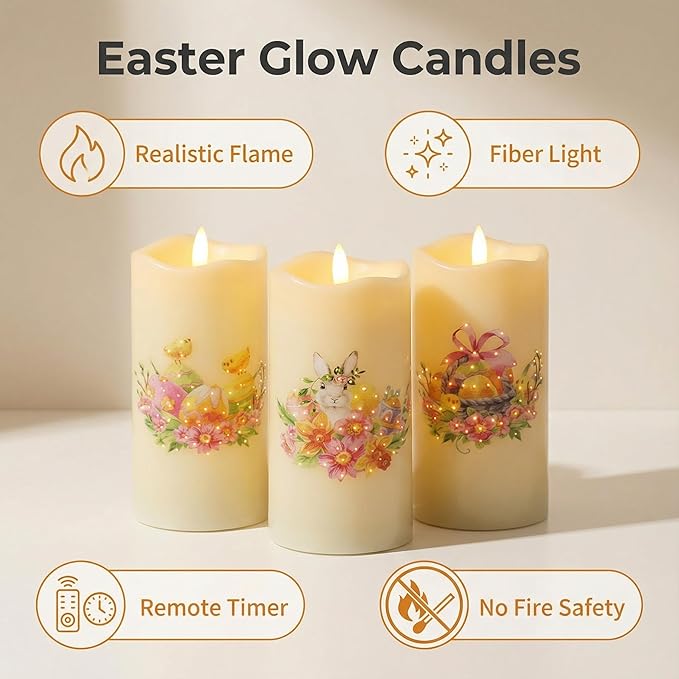 Eywamage Fiber Optic Easter Flameless Candles with Remote, Flickering Spring LED Pillar Candles Battery Operated Set of 3