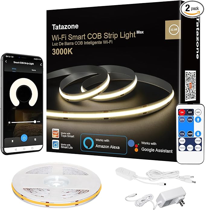 Smart White COB Led Strip Light with Remote, 32.8ft 3000K Bright Warm White WiFi COB Light Strip Compatible with Alexa Google, Dimmable Indoor Led Lights for Cabinet, Room, 2 Rolls of 16.4ft