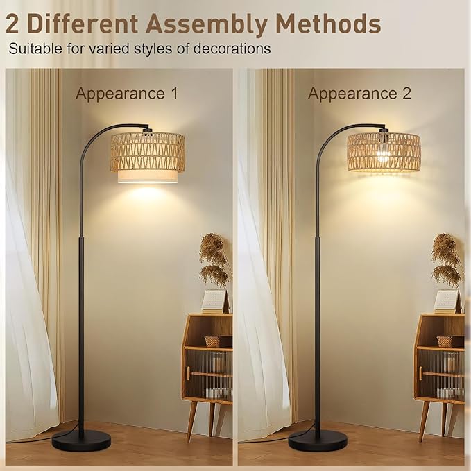 Rattan Floor Lamp, Dimmable Boho Floor Lamp, Farmhouse Arc Standing Lamp with Adjustable Rattan & Fabric Shades, Modern Lamp Tall Lamp for Living Room Bedroom Office Reading Room, Bulb Included