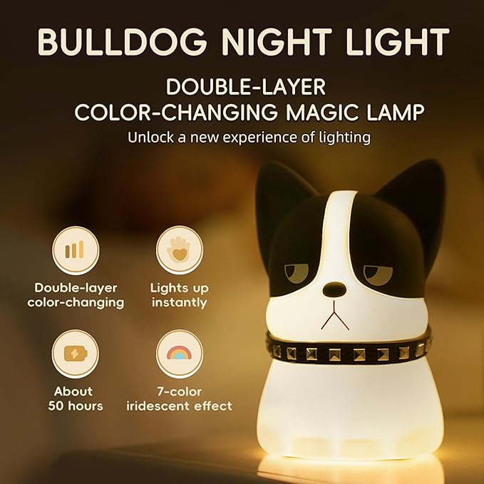 Led Cute Frenchie Night Light, Dimmable Nursery Kawaii Lamps, Super Squishy Silicone USB Rechargeable Touch Control Bedside Lamp, Used for Camping Party Room Decor(Frenchie)