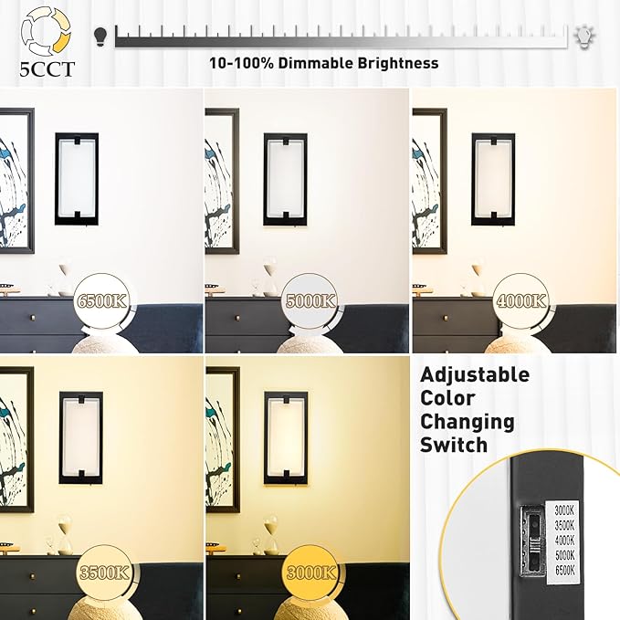 zeyu LED Indoor Wall Sconce, 18W Modern Dimmable Wall Mount Light for Hallway, 5CCT Adjustable 3000K/3500K/4000K/5000K/6500K, Black Finish with Clear Glass Shade, ZTH100B-LED BK