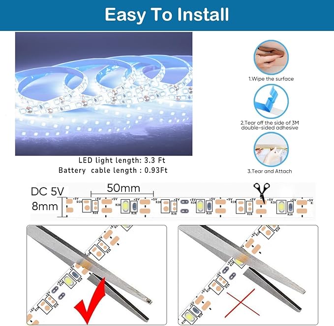 L8star Battery Powered LED Strip Lights, 3.28ft x 3 Pack(9.8ft),6000K White Strip Light with 3 AA Battery Box, 90 LED Strip Lights for Kitchen Under Cabinet Lighting, Shelves, Under Counter
