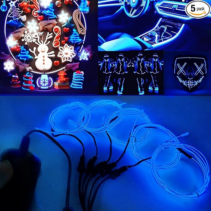 Ourbest EL Wire Lights Battery Powered, Wearable Led Wire Lights 5in1 neon String Light,DIY neon Sign kit Stay/Slow/Fast Flash Party Decoration 1M Blue