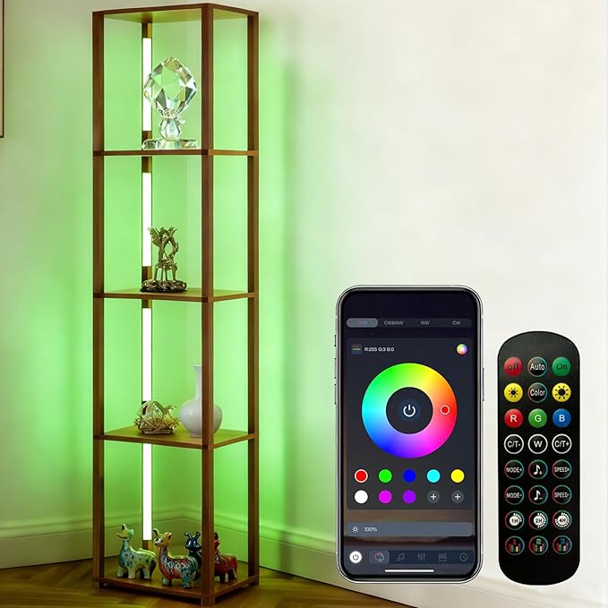 RGBCW Floor Lamp with Shelves, LED Smart Modern Floor Lamp with Music Sync, Color Changing Corner Display Shelf Lamp, Standing Lamp with Shelves for Living Room and Bedroom, Office, Brown