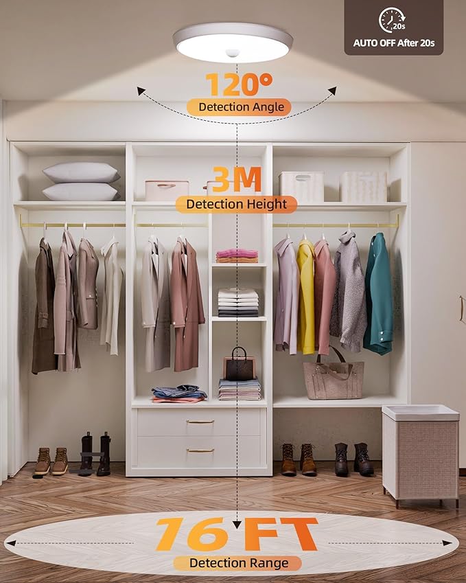EZVALO Motion Sensor Light Indoor, 10000mAh, 7.1inch, 400LM, Remote Control, Dimmable, LED, Flush Mount, Wireless, Rechargeable, Battery Operated, Cordless, Ceiling Light, Closet Light, No Wiring