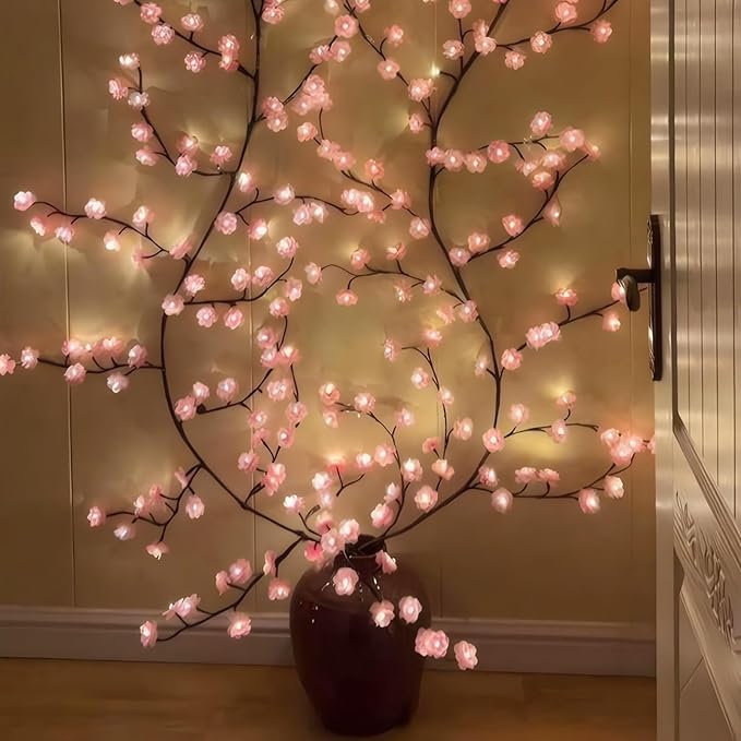 Cherry LED Tree Branch Lights for Wall, Cherry Blossom Willow Vine Twig Decor Garland with 144 LED Lights and Remote,8 Lighting Modes,Christmas Decorations Indoor for Home Wall Door Window (90inch)